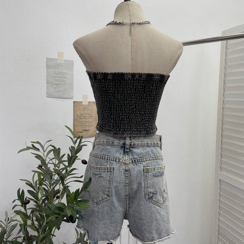 Color blocked denim strapless vest for women wearing short sleeveless tops