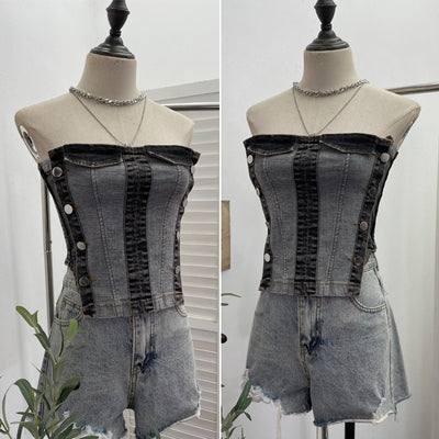 Color blocked denim strapless vest for women wearing short sleeveless tops